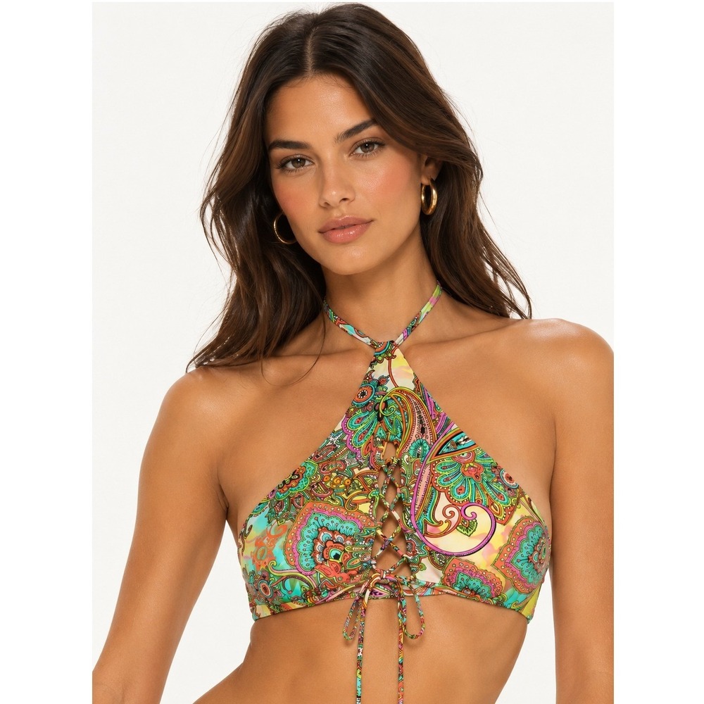 Luli Fama Callejera Peek A Boo High Neck Bikini Top Halter S Paisley Tie Dye